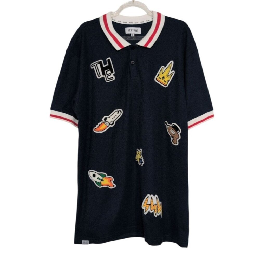 RS 1NE Applique Patch Polo Mens Size XL Blue Cotton Blend Short Sleeve Shirt